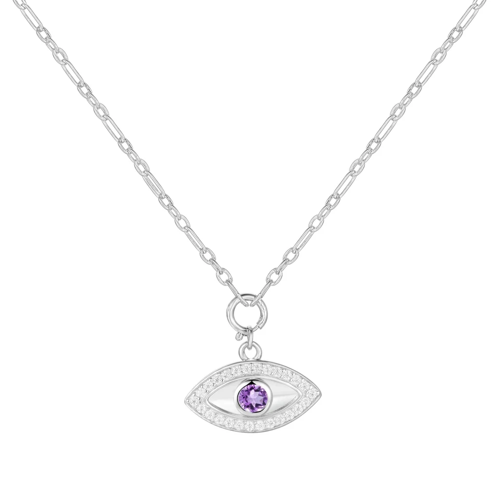 Fine Color Jewels  Evil Eye Natural Amethyst Necklace in Rhodium-Plated Silver – A Protective February Birthstone Treasure