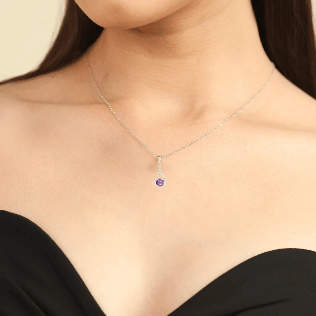 Fine Color Jewels Natural Amethyst and White Sapphire Pendant Necklace – A Radiant February Birthstone Gift in Rhodium-Plated Silver