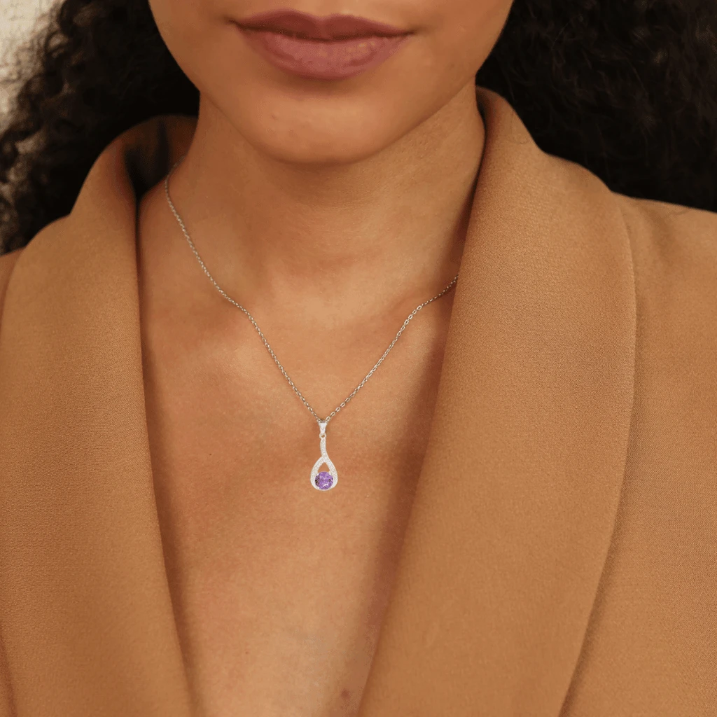Fine Color Jewels Natural Amethyst and White Sapphire Pendant Necklace – A Radiant February Birthstone Gift in Rhodium-Plated Silver
