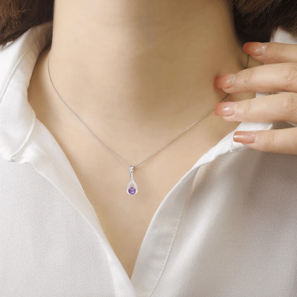 Fine Color Jewels Natural Amethyst and White Sapphire Pendant Necklace – A Radiant February Birthstone Gift in Rhodium-Plated Silver