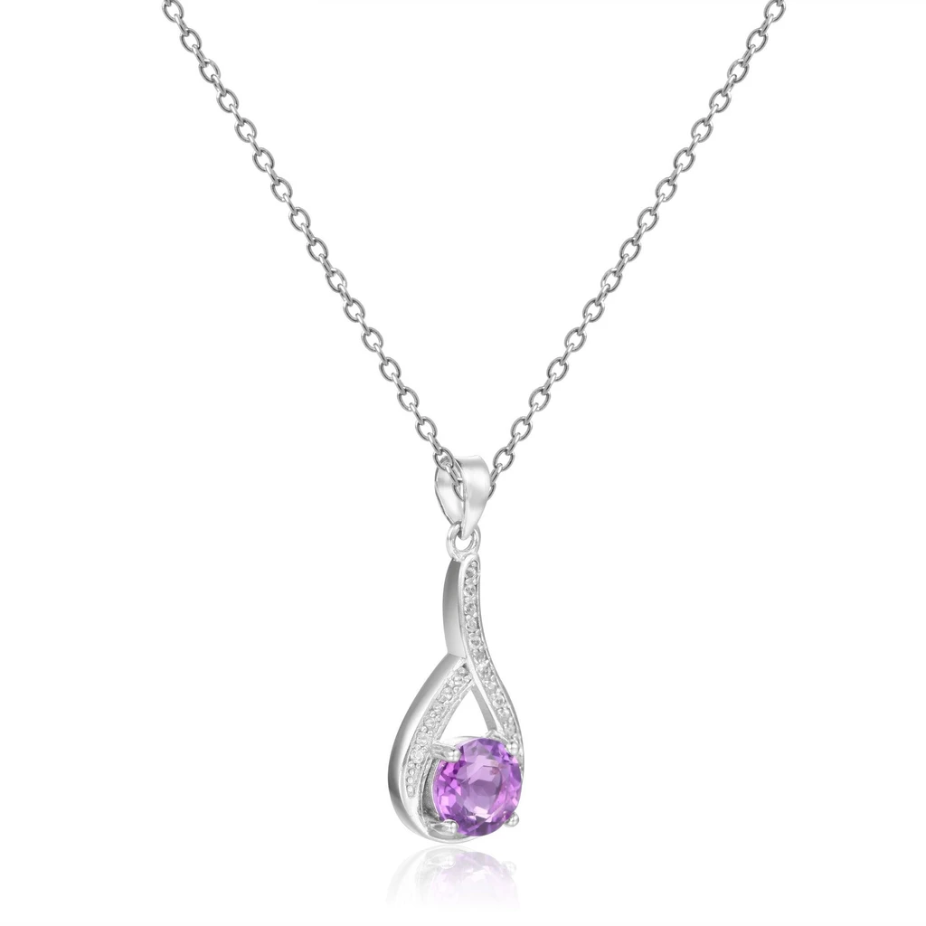 Fine Color Jewels Natural Amethyst and White Sapphire Pendant Necklace – A Radiant February Birthstone Gift in Rhodium-Plated Silver