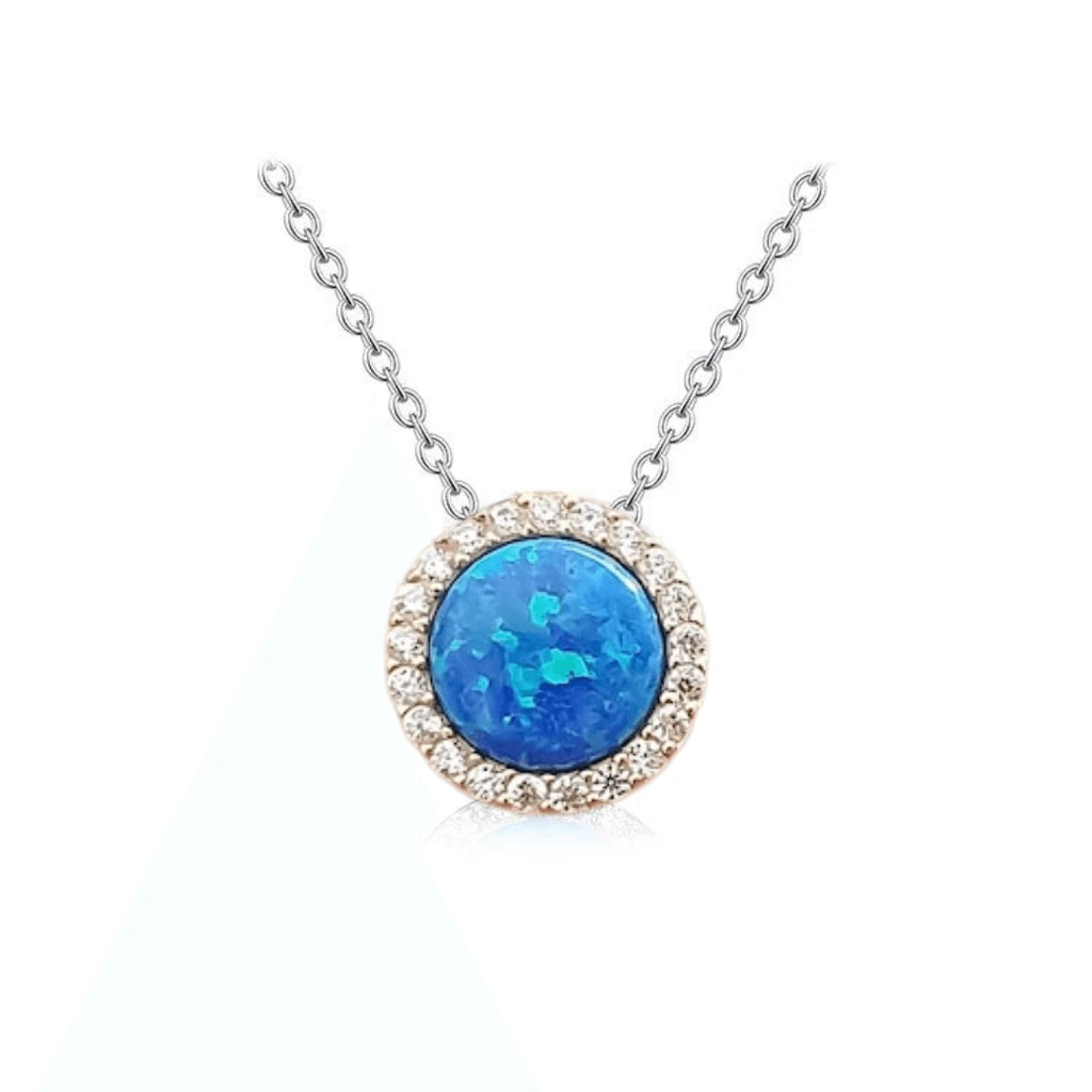 Fine Color Jewels Lab-Grown Blue Opal Round Cabochon Pendant Necklace with White CZ Accents – Rhodium Plated Sterling Silver, October Birthstone