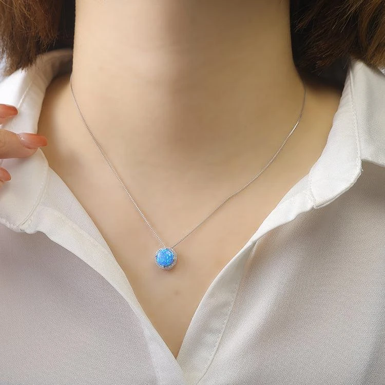 Fine Color Jewels Lab-Grown Blue Opal Round Cabochon Pendant Necklace with White CZ Accents – Rhodium Plated Sterling Silver, October Birthstone