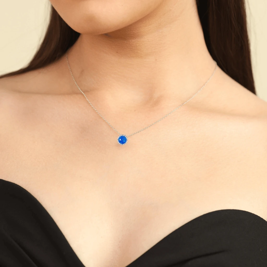 Fine Color Jewels Lab-Grown Blue Opal Round Cabochon Pendant Necklace with White CZ Accents – Rhodium Plated Sterling Silver, October Birthstone