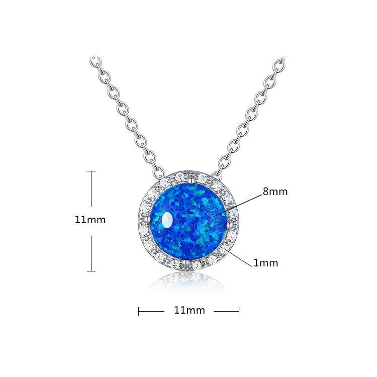 Fine Color Jewels Lab-Grown Blue Opal Round Cabochon Pendant Necklace with White CZ Accents – Rhodium Plated Sterling Silver, October Birthstone