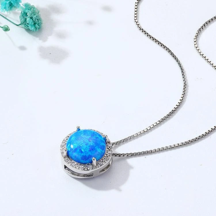 Fine Color Jewels Lab-Grown Blue Opal Round Cabochon Pendant Necklace with White CZ Accents – Rhodium Plated Sterling Silver, October Birthstone