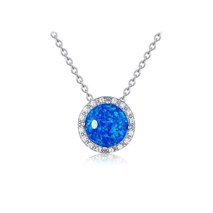 Fine Color Jewels Lab-Grown Blue Opal Round Cabochon Pendant Necklace with White CZ Accents – Rhodium Plated Sterling Silver, October Birthstone