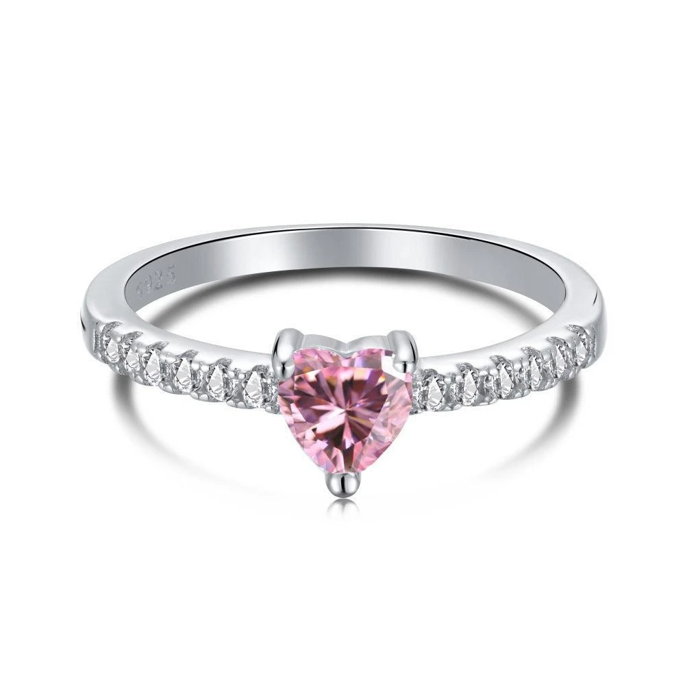 Fine Color Jewels Heart-Shaped Pink CZ Ring in 925 Sterling Silver – 1 ct Pink Gemstone with CZ Accents