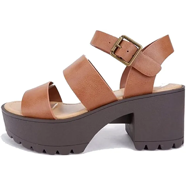Shoe Time Open Toe Two Bands Lug sole Block Heel Sandals with Adjustable Strap