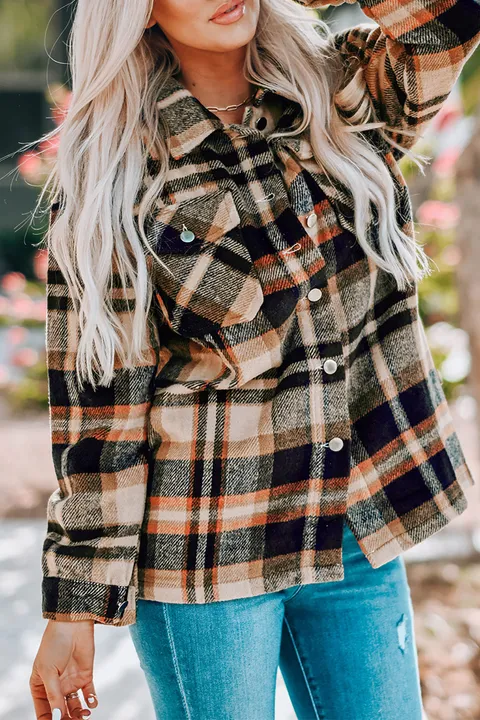 PALERMO Geometric Plaid Print Pocketed Shacket