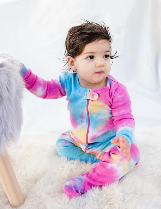 Leveret Clothing Kid's Footed Rainbow Mix Tie Dye Cotton Pajamas