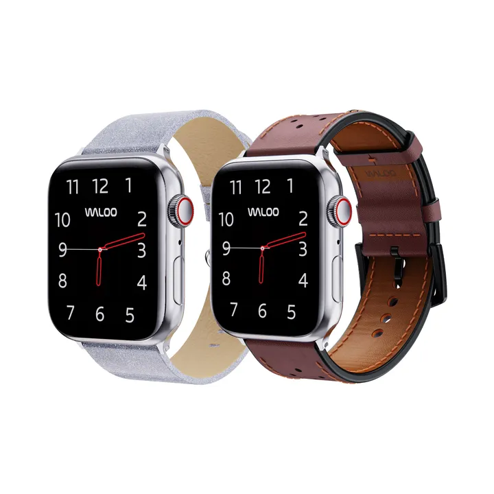 Waloo Products 2-Pack Shiny Silver Brilliance & Breathable Leather Bands For Apple Watch