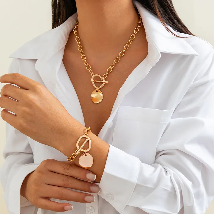 Your Wear Vibes Minimalist Metal Circular Pendant Necklace & Bracelet Set