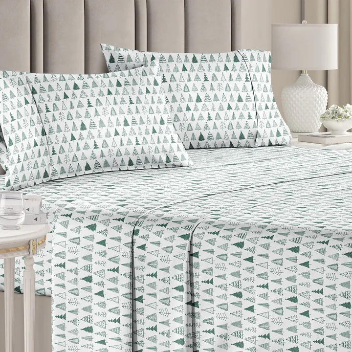 CGK Linens Holiday Pattern 4 Piece Queen Size Bed Sheet Set - Christmas Trees Green