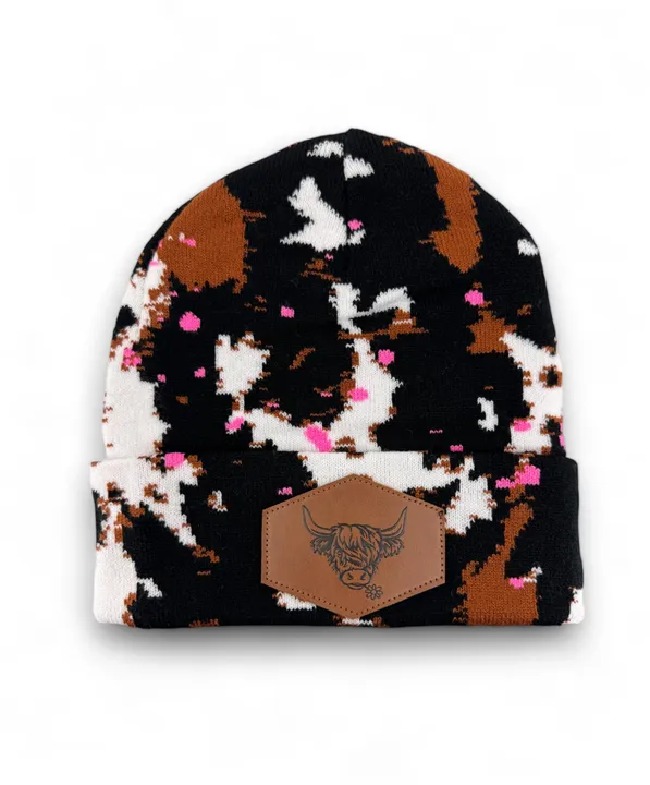 Dani Morgans Splatter Paint Cow Print Beanie With Highland Cow Leather Patch