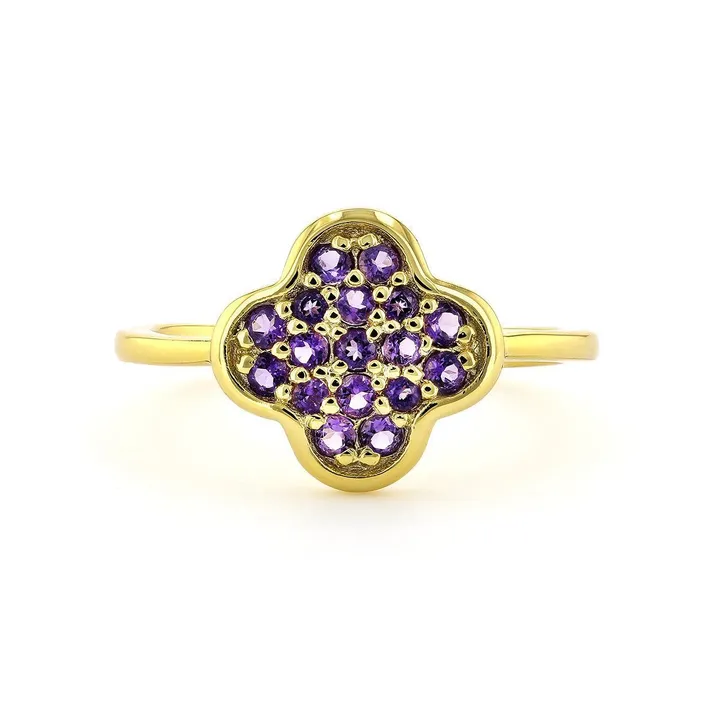 Fine Color Jewels Real Purple Amethyst Ring – Four Leaf Clover Birthstone Jewelry in 18k Gold Plated Sterling Silver