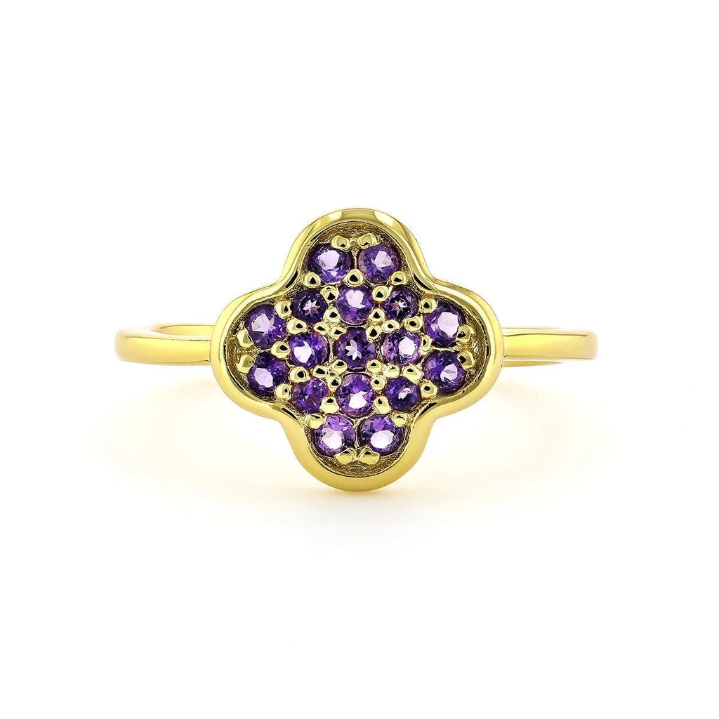 Fine Color Jewels Real Purple Amethyst Ring – Four Leaf Clover Birthstone Jewelry in 18k Gold Plated Sterling Silver