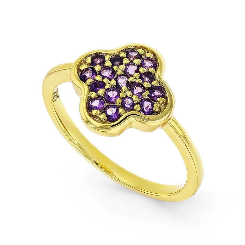 Fine Color Jewels Real Purple Amethyst Ring – Four Leaf Clover Birthstone Jewelry in 18k Gold Plated Sterling Silver