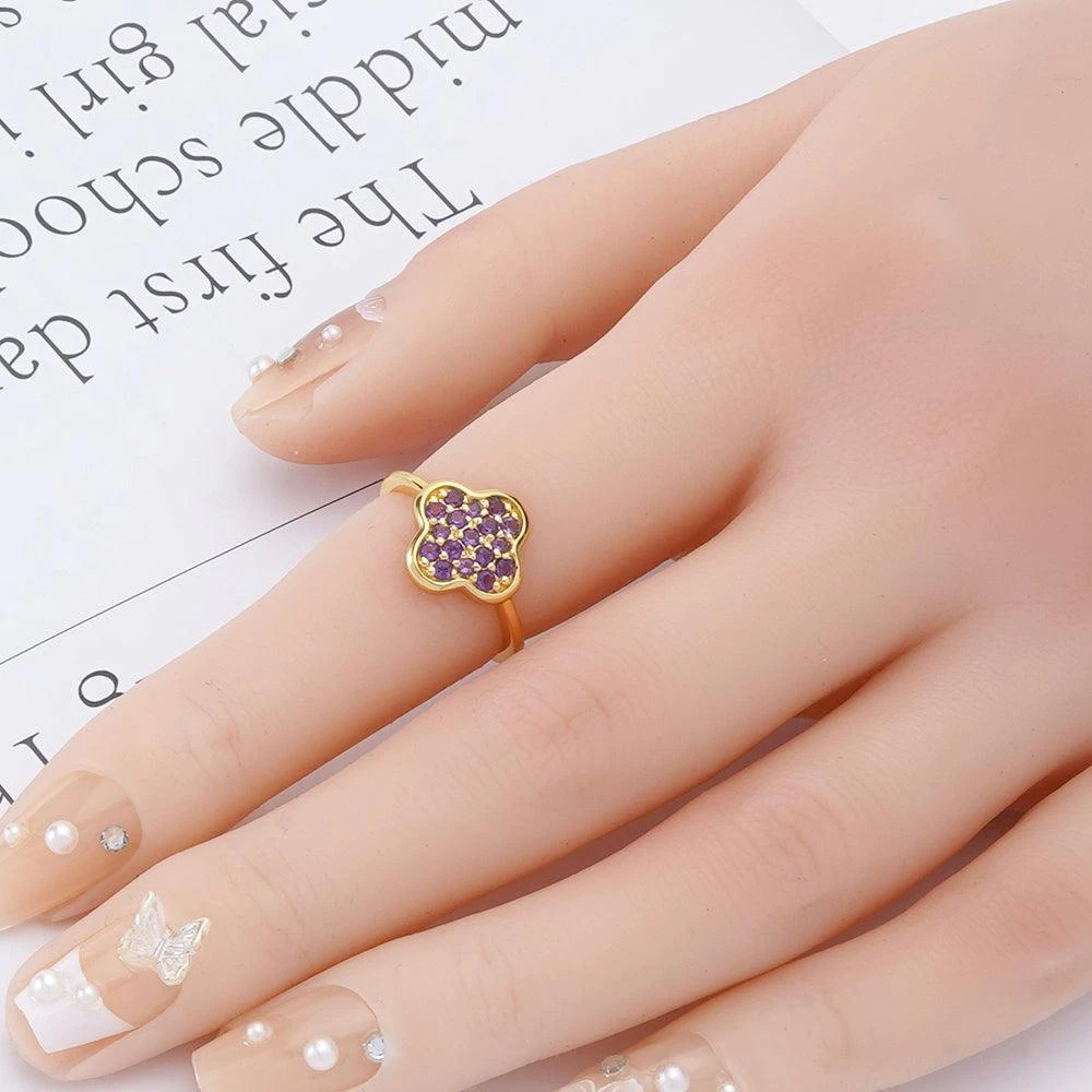 Fine Color Jewels Real Purple Amethyst Ring – Four Leaf Clover Birthstone Jewelry in 18k Gold Plated Sterling Silver