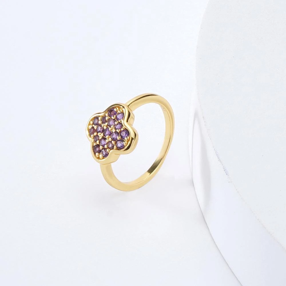 Fine Color Jewels Real Purple Amethyst Ring – Four Leaf Clover Birthstone Jewelry in 18k Gold Plated Sterling Silver