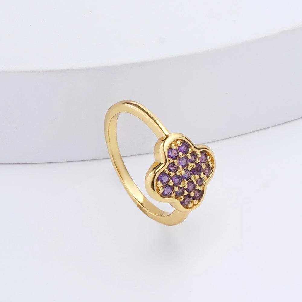 Fine Color Jewels Real Purple Amethyst Ring – Four Leaf Clover Birthstone Jewelry in 18k Gold Plated Sterling Silver