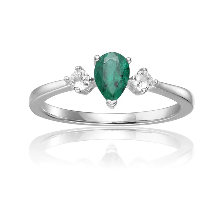Fine Color Jewels Natural Emerald engagement ring – vintage three stone teardrop ring in sterling silver