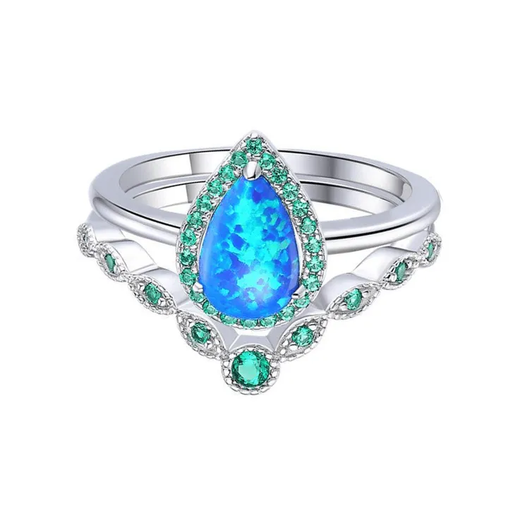 Fine Color Jewels Opal Stackable Teardrop Ring in 925 Sterling Silver with Nano Emerald Accents