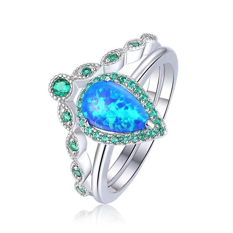 Fine Color Jewels Opal Stackable Teardrop Ring in 925 Sterling Silver with Nano Emerald Accents