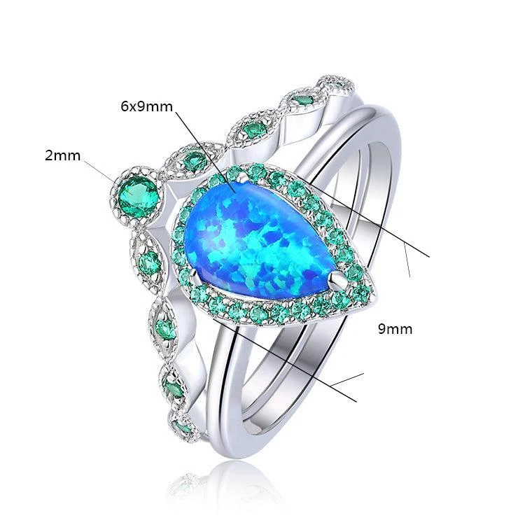 Fine Color Jewels Opal Stackable Teardrop Ring in 925 Sterling Silver with Nano Emerald Accents
