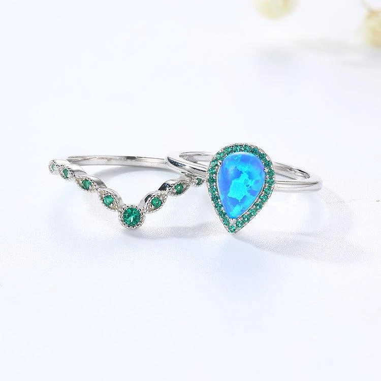 Fine Color Jewels Opal Stackable Teardrop Ring in 925 Sterling Silver with Nano Emerald Accents