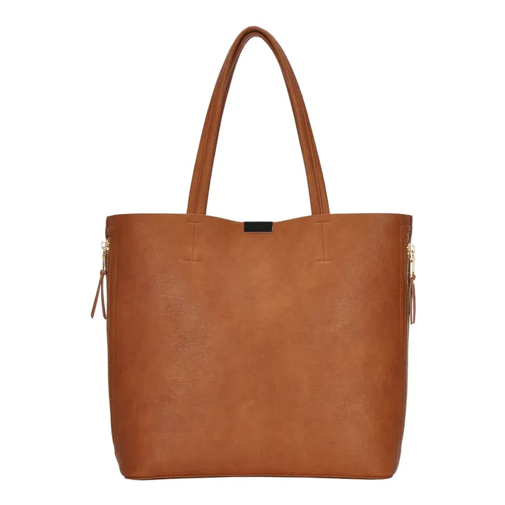 MMS Brands Scarlett Tote – Tan | Minimalist Vegan Leather Tote with Bag-in-Bag Interior & Side Zipper Detail