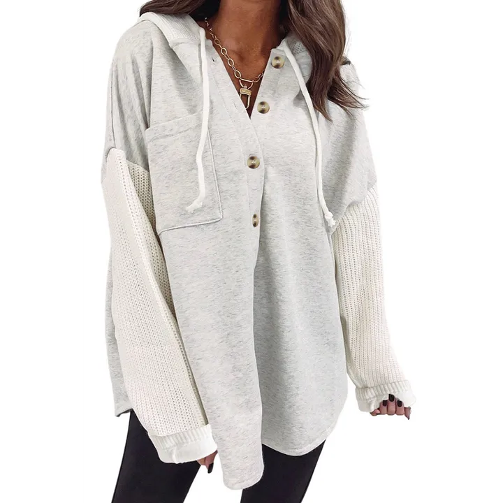 PALERMO Button Up Contrast Knitted Sleeves Hooded Jacket
