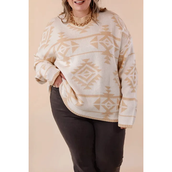 PALERMO Plus Size Western Aztec Print Loose Sweater