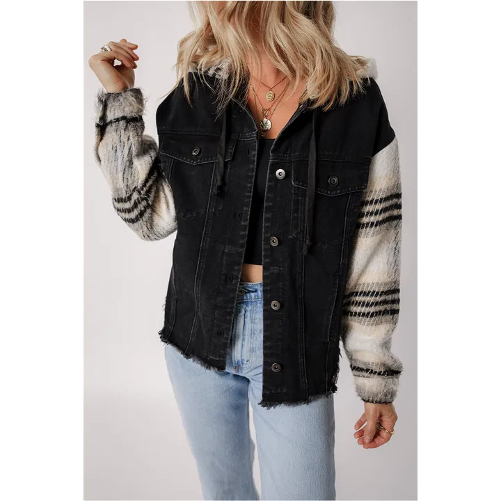 PALERMO Plaid Sleeve Frayed Hem Hooded Denim Jacket