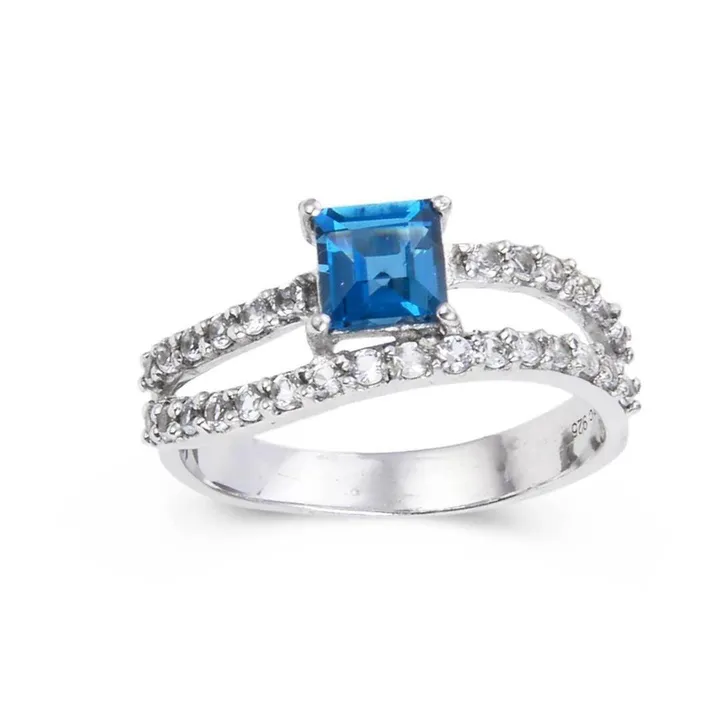 Fine Color Jewels Cushion Cut Natural Blue Topaz Gemstone 925 Sterling Silver - December Birthstone Split Band Engagement Ring