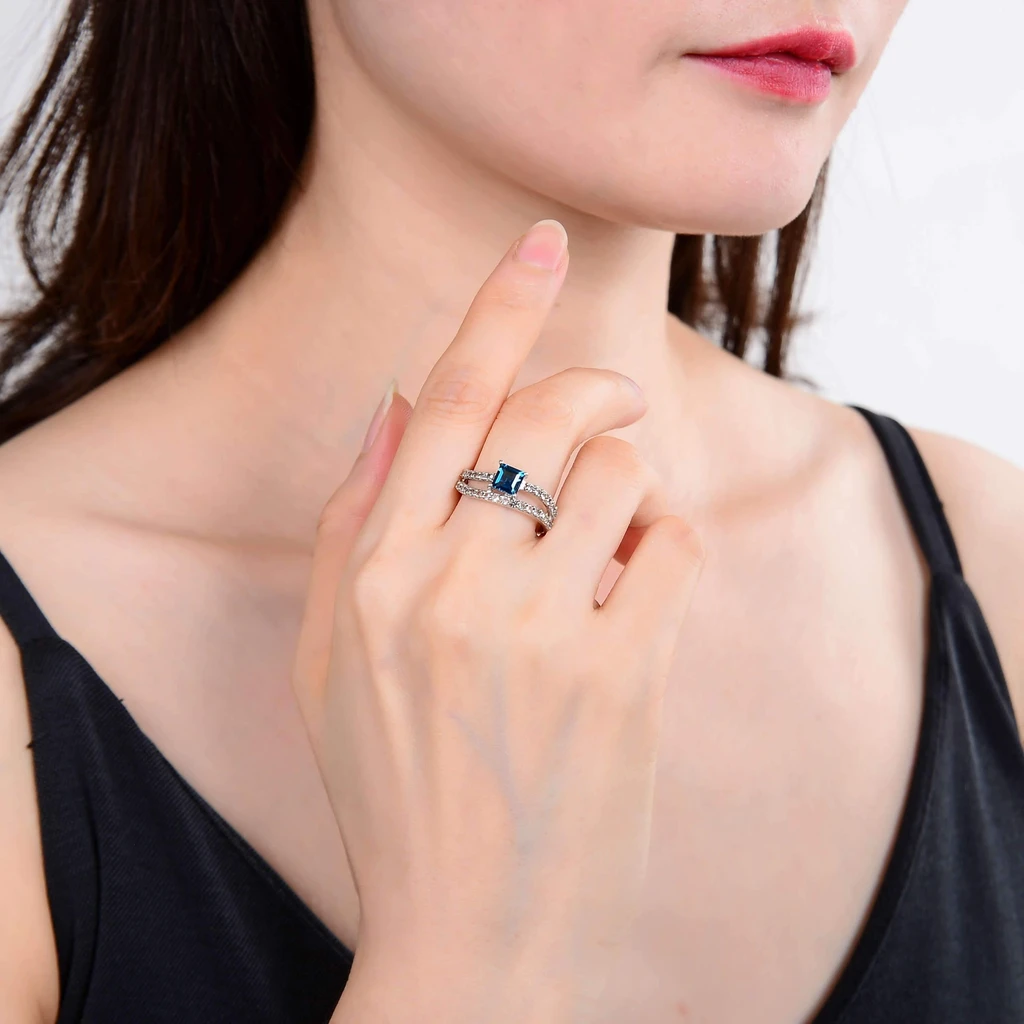 Fine Color Jewels Cushion Cut Natural Blue Topaz Gemstone 925 Sterling Silver - December Birthstone Split Band Engagement Ring
