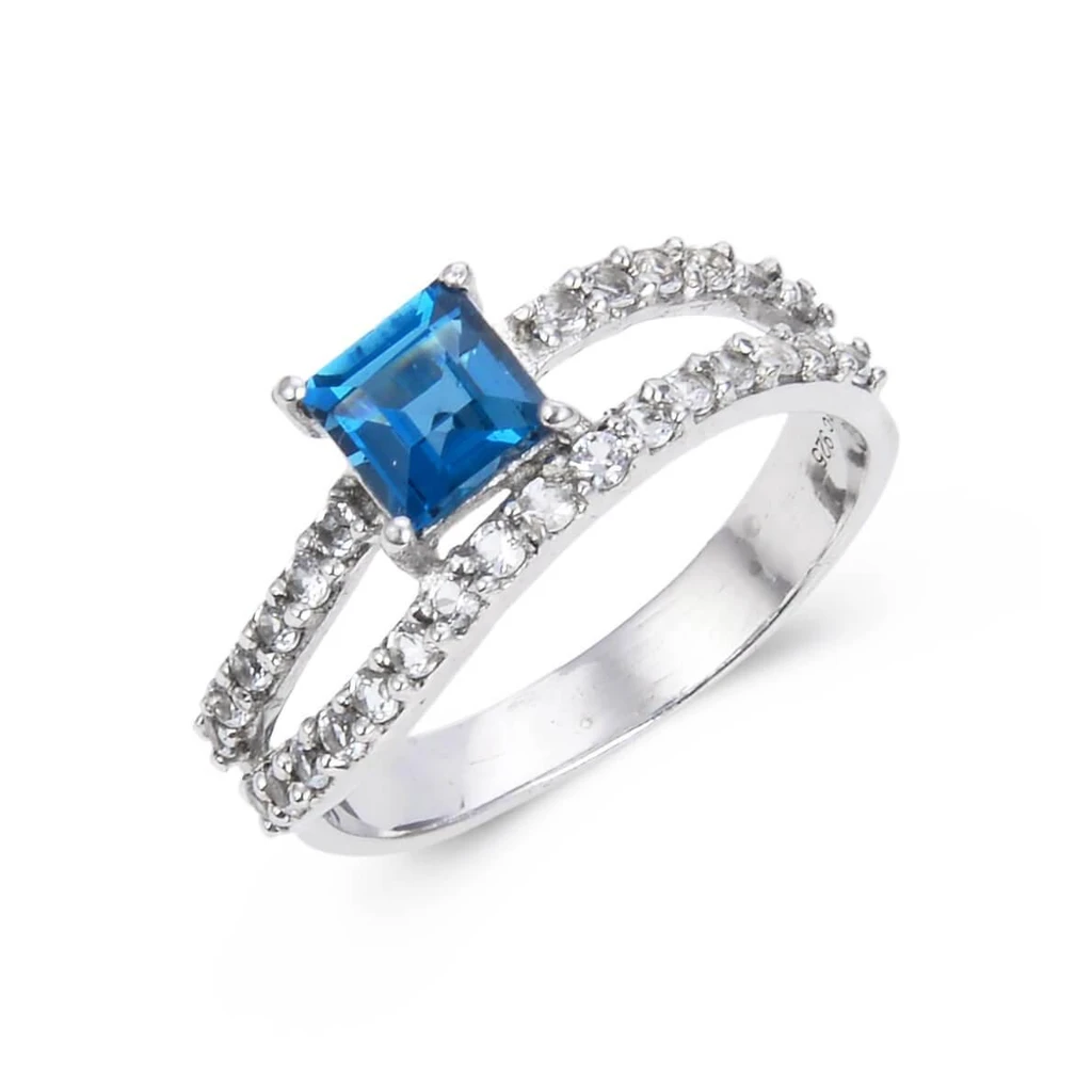 Fine Color Jewels Cushion Cut Natural Blue Topaz Gemstone 925 Sterling Silver - December Birthstone Split Band Engagement Ring