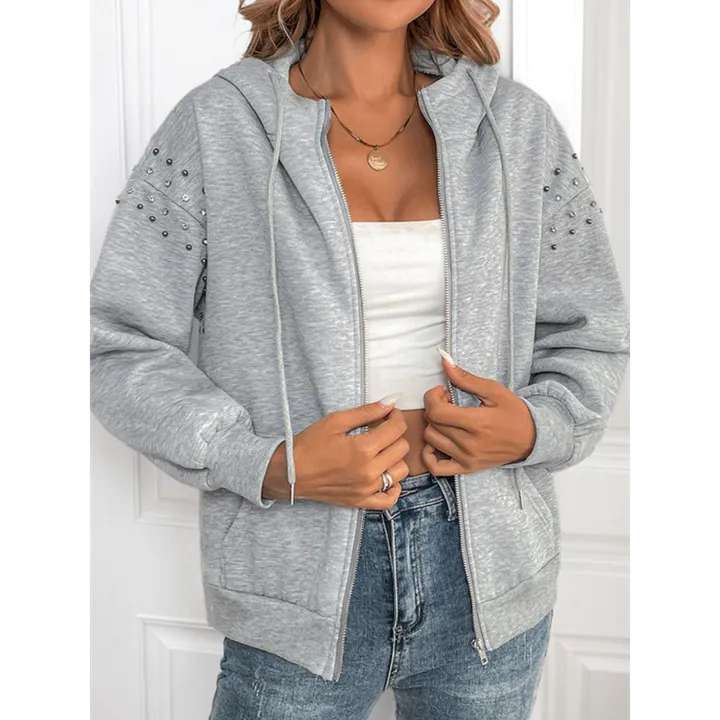 Blu Lotus Boutique Perfee Rhinestone Zip Up Long Sleeve Hoodie