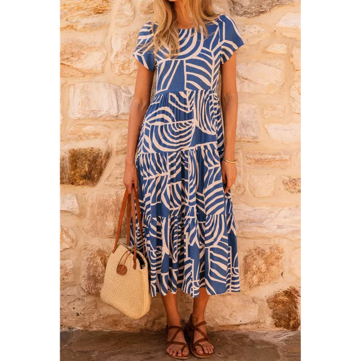 PALERMO Boho Printed Short Sleeve Flare Tiered Dress