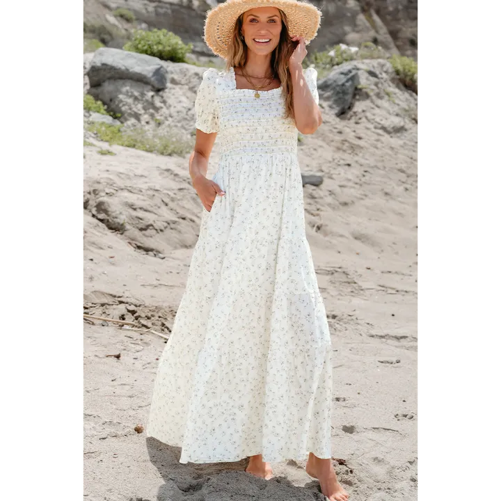 PALERMO Frilly Shirred Bodice Tiered Floral Maxi Dress