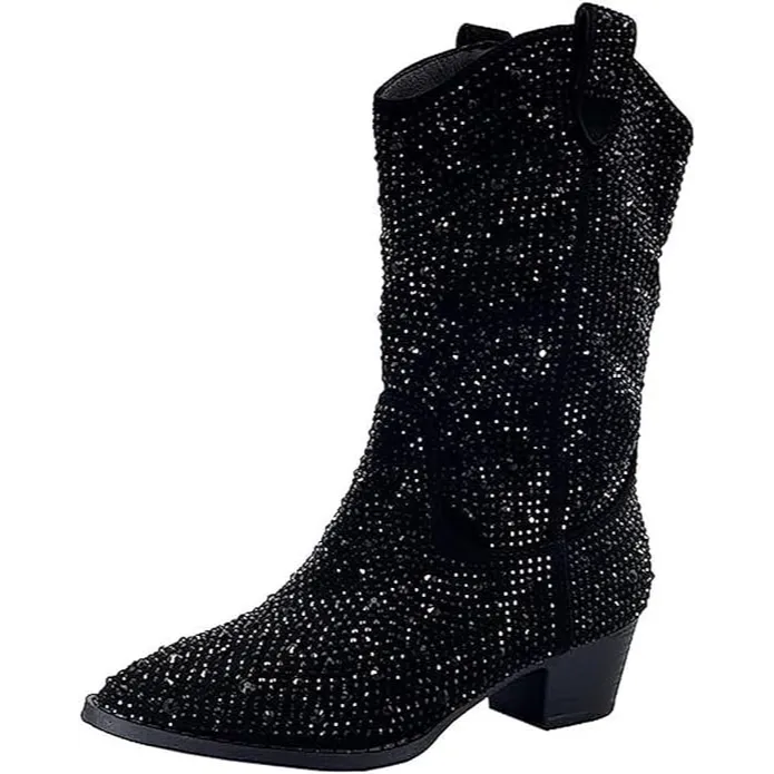 Shoe Time Rhinestone Western Cowgirl Cowboy Pointed Toe Low Heel Boots