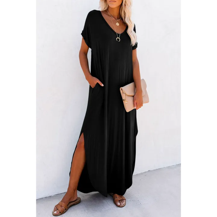 PALERMO V Neck Hidden Pocket Splits Maxi T-shirt Dress