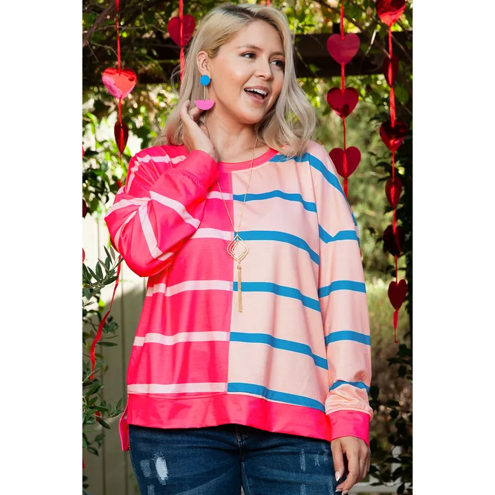 PALERMO Color Block Crewneck Long Sleeve Plus Size T Shirt