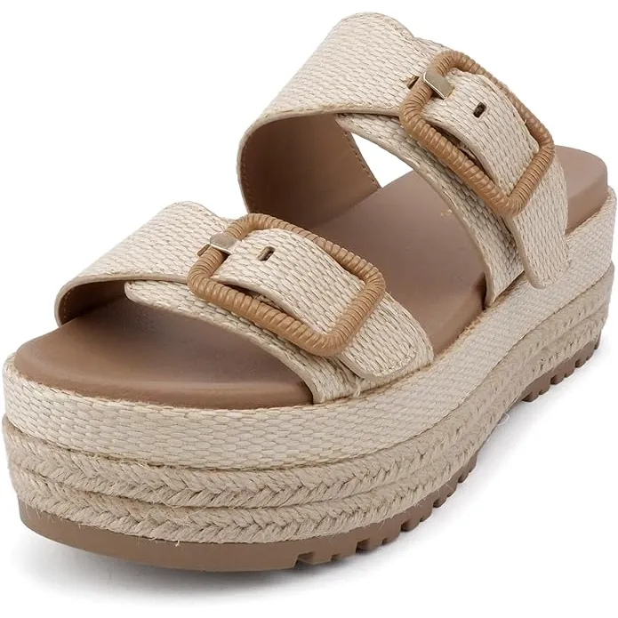 Shoe Time Women Round Toe Double Buckle Strap Slip-On Platform Wedge Sandal