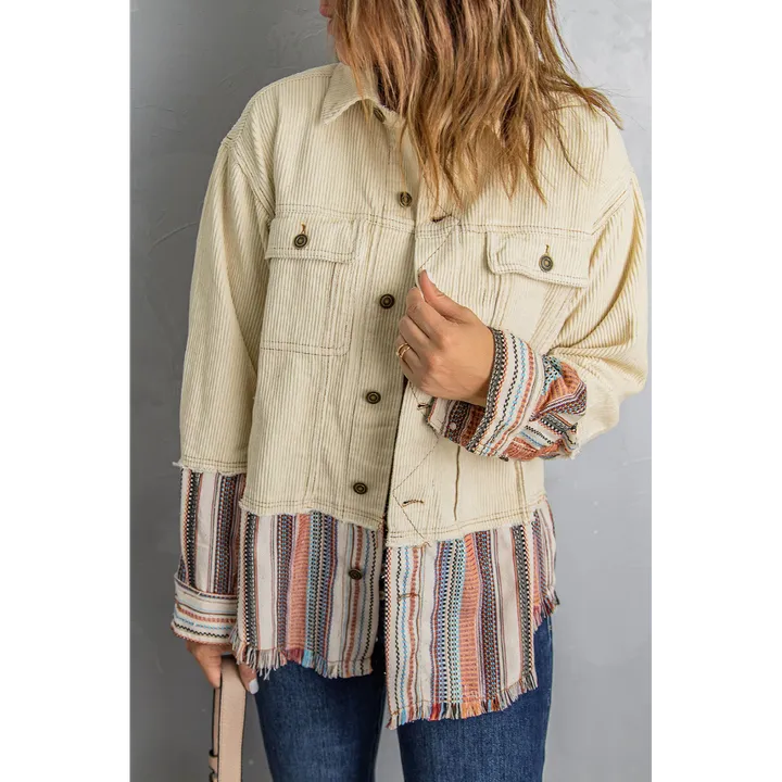 PALERMO Button Up Pockets Striped Color Block Corduroy Jacket