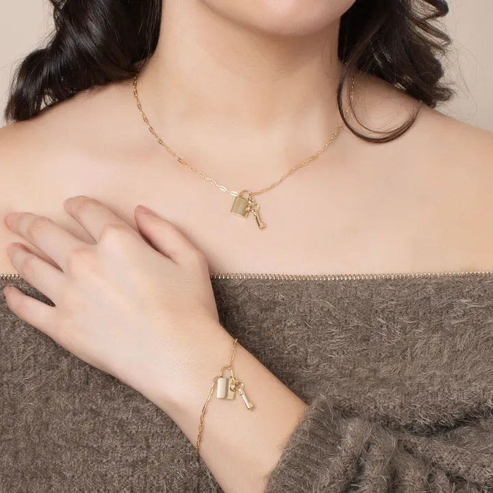 PORI JEWELRY 14K Solid Gold Paperclip Lock And Key Bracelet Necklace Set