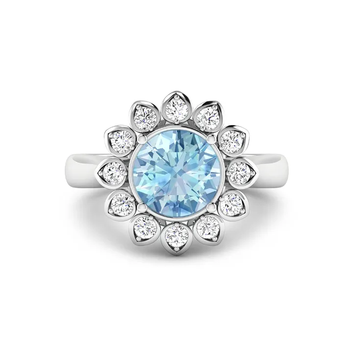 Fine Color Jewels Genuine Diamond and Aquamarine Halo Ring - Blue and white gemstone ring in sterling silver for her