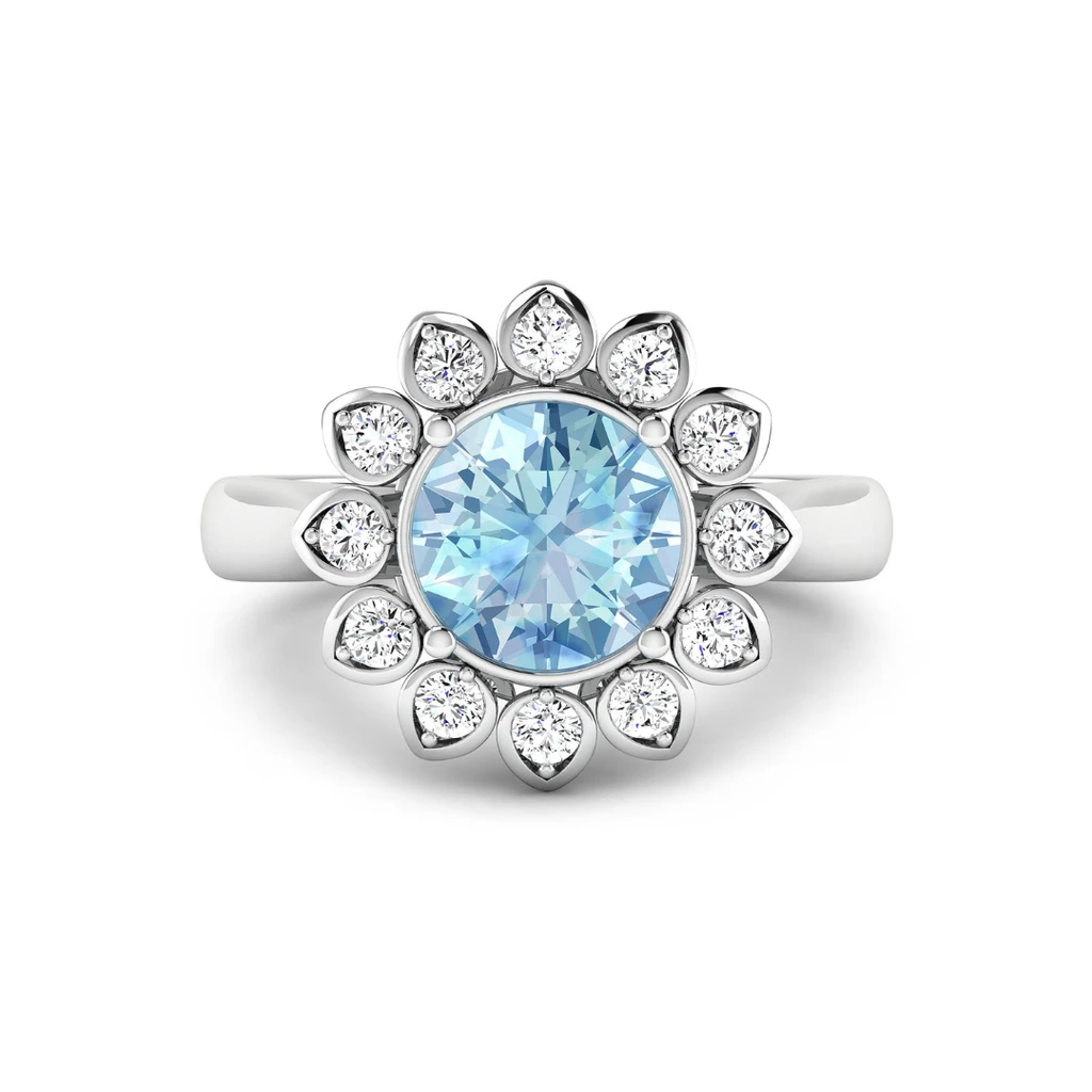 Fine Color Jewels Genuine Diamond and Aquamarine Halo Ring - Blue and white gemstone ring in sterling silver for her