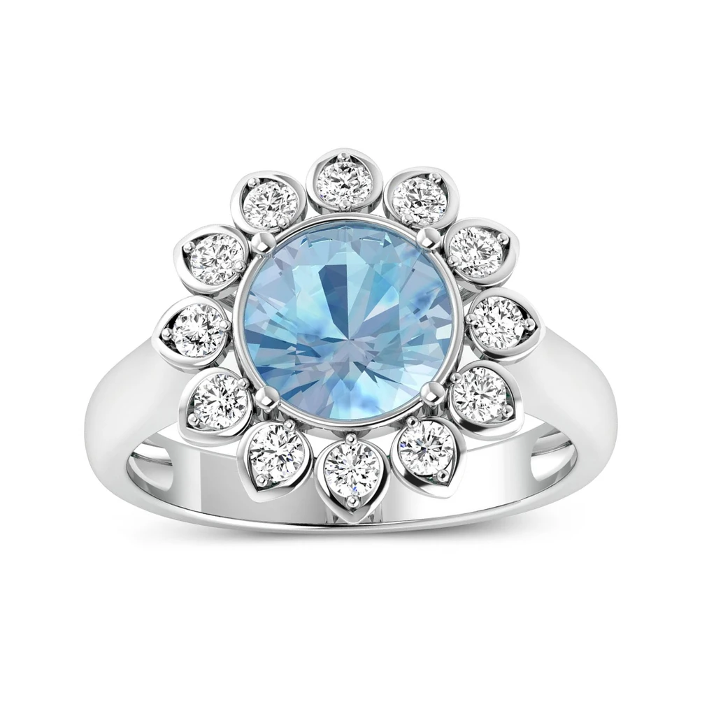 Fine Color Jewels Genuine Diamond and Aquamarine Halo Ring - Blue and white gemstone ring in sterling silver for her