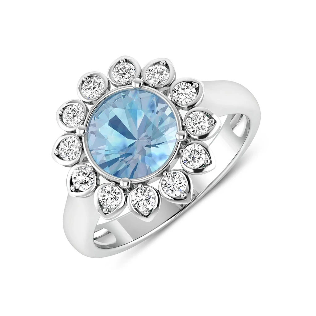 Fine Color Jewels Genuine Diamond and Aquamarine Halo Ring - Blue and white gemstone ring in sterling silver for her